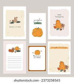 Plantillas de tarjetas de colección de otoño, juego de tarjetas de felicitación, bloc de notas, ilustración de dibujos animados de la temporada de cosecha otoño con diferentes elementos decorativos. Día de Acción de Gracias