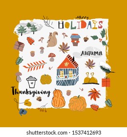 Cute autumn collection set, fall harvest season cartoon illustration clipart with different decoration elements. Happy Thanksgiving holiday