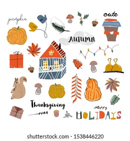 Cute autumn collection set, fall harvest season cartoon illustration clipart with different decoration elements. Happy Thanksgiving holiday