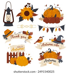 Cute autumn collection set, fall harvest season. Fall illustrations with pumpkins. Festive autumn banner. A cozy fall. Thanksgiving. Fall harvest festival.