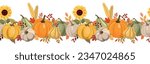 Cute autumn color pumpkins, berries, and leaves horizontal seamless pattern. Isolated on white background. Seasonal fall banner design for greeting or promotion.