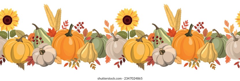 Cute autumn color pumpkins, berries, and leaves horizontal seamless pattern. Isolated on white background. Seasonal fall banner design for greeting or promotion.