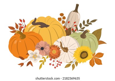 Cute autumn color pumpkins, flowers, berries, and leaves clipart. Isolated on white background. Seasonal design for greeting or poster.