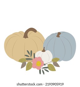 Cute autumn color pumpkins  flowers   leaves clipart  Isolated white background  Illustration for Thanksgiving for prints t  shirts   bags  posters  cards 