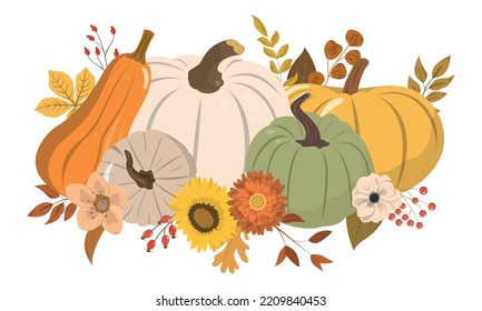 Cute autumn color pumpkins, flowers, berries, and leaves arrangement. Isolated on white background. Seasonal harvest design for greeting or poster.