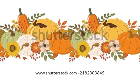Cute autumn color pumpkins, flowers, berries, and leaves horizontal seamless pattern. Isolated on white background. Seasonal fall banner design for greeting or promotion.
