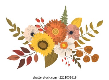 Cute autumn colorful floral bouquet in rustic style with forest leaves. Flowers, dry leaves, and berries. Isolated on white background. Autumn holiday cards design