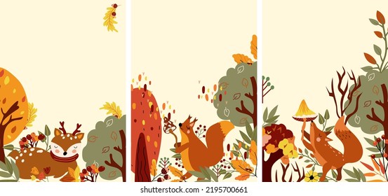 Cute Autumn composition with colorful trees, a cute squirrel holds the mushroom, cute deer lying between trees, and funny fox. Perfect for your greeting cards, poster, postcard. Vector illustration.