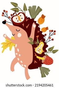 Cute Herbstkomposition mit tanzendem Hedgehog, Apfel, Birne, roter Beere und Blättern. Ideal für Web, Erntefest, Banner, Karten und Thanksgiving. Vektorgrafik.