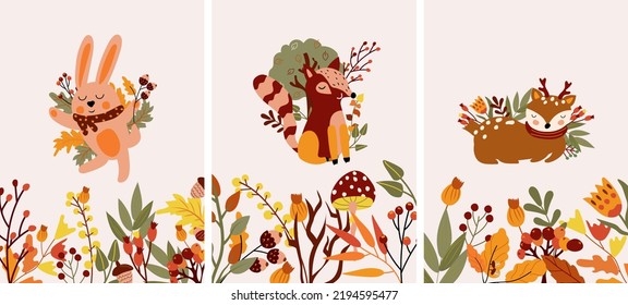 Cute Autumn composition with a funny rabbit, deer and raccoon, and autumn leaves, mushroom. Perfect for web, harvest festival, banner, card and Thanksgiving. Vector illustration. 