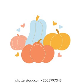 Cute autumn composition, hand drawn pumpkins, seasonal objects. Vector illustration in flat style