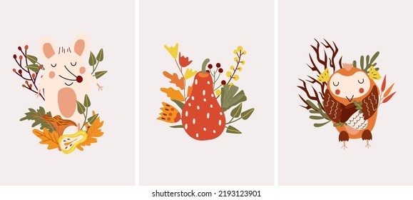 Cute Autumn composition with cute mouse, funny owl and pumpkin, leaves, mushroom. Perfect for web, harvest festival, banner, card and Thanksgiving. Vector illustration.