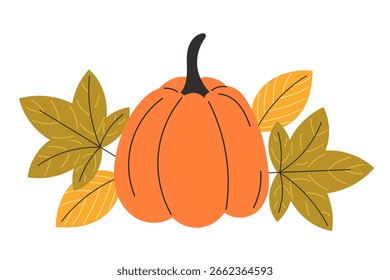 Niedliche Herbstkomposition mit orangefarbenem Kürbis und Herbstblättern flachen Stil Saisonale Ernte Vektorgrafik für gemütliche Herbstdesigns