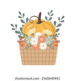Cute autumn composition of pumpkin with flowers in a wooden crate. Pastel colors. Greeting card, cute illustration