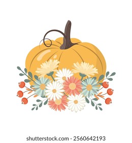 Cute autumn composition of pumpkin with flowers, berries and leaves. Seasonal harvest design for Thanksgiving. Flat style illustration.