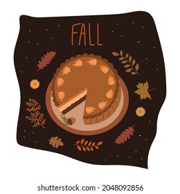 Cute autumn composition with pumpkin pie, seasonal sweets with autumn leaves. Flat vector illustration. For poster, print, menu design, autumn holidays, greeting card. Vector illustration. 
