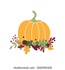 Cute autumn composition of ripe yellow pumpkin, fallen leaves, branches, berries. Cartoon flat icon with traditional item for Thanksgiving, harvest day, Halloween, autumn fair, parade or festival.