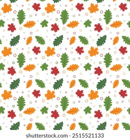 Cute autumn composition, vector illustration of oak leaves, maple aspen, branches with green, red and yellow leaves, acorns, mushrooms