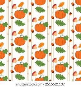 Cute autumn composition, vector illustration of oak leaves, maple aspen, green, yellow leaves, acorns, mushrooms, pumpkins, seamless vector pattern