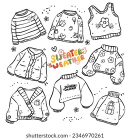 Cute Autumn cosy sweater Autumn Outline Doodle cartoon drawing Illustration, idea for digital clipart, planner, stickers, greeting cards, journal and more.