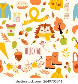Cute Autumn Coziness Pattern. Seamless pattern fall elements