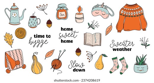 Cute Autumn design elements. Set of cozy home theme vector illustration. Hygge, concept of Scandinavian coziness and comfortable lifestyle.