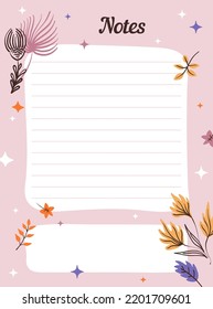 Cute Herbsttagebuchvorlage mit Zeilen für Notizen. Notebook, Planer-Papier-Design für Mädchen. Blank zu tun Liste für Notizblock mit Herbstblätter und Blumen. Farbflache Vektorgrafik