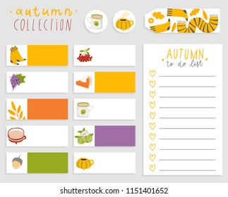 Cute Autumn To Do List Template. Note Paper and Stickers Set with Vector Autumn Illustrations. Good for Kids. Fun Background. Organizer and Schedule with place for Notes.