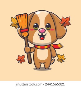 Cute autumn dog holding broom. Mascot cartoon vector illustration suitable for poster, brochure, web, mascot, sticker, logo and icon.