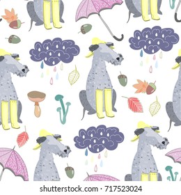 Cute autumn dog and various objects. Colored vector seamless pattern