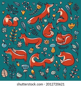 Cute autumn doodle background with foxes, mushrooms, leaves, flowers, and branches. 