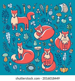 Cute autumn doodle background with foxes, mushrooms, leaves, flowers, and branches. 