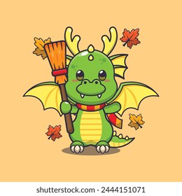 Cute autumn dragon holding broom. Mascot cartoon vector illustration suitable for poster, brochure, web, mascot, sticker, logo and icon.