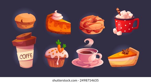 Linda bebida de otoño y postre Icon Elementos Colección. Pastel de Calabaza, Donut, Cupcake, Café, Cacao, Té, Tarta de Queso. Bebidas calientes y postre para el diseño acogedor de otoño. Ilustración vectorial de dibujos animados. 