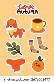 cute autumn element sticker sheet with cartoon puppy. cute autumn sticker set