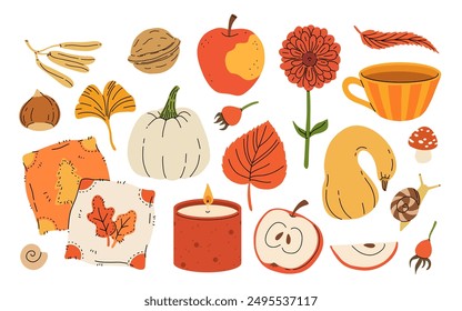 Cute autumn elements, candles, tea cup, pumpkin, warm clothes, blanket and scarf. Hand drawn fall season design element, acorns with leaves, mushrooms and berries, cozy doodle sticker vector set