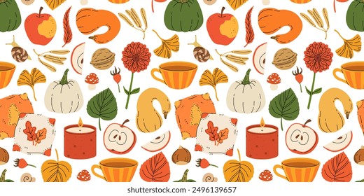 Cute autumn elements, candles, tea cup, pumpkin, warm clothes. Hand drawn fall season seamless pattern, acorns with leaves, mushrooms and berries, cozy doodle sticker vector background