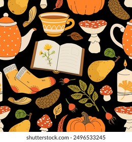 Cute autumn elements, candles, tea cup, pumpkin, warm clothes. Hand drawn fall season seamless pattern, acorns with leaves, mushrooms and berries, cozy doodle sticker vector background