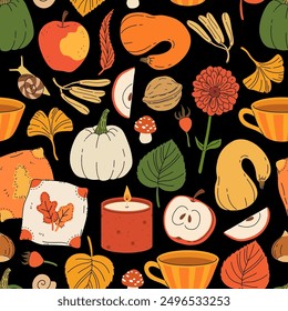 Cute autumn elements, candles, tea cup, pumpkin, warm clothes. Hand drawn fall season seamless pattern, acorns with leaves, mushrooms and berries, cozy doodle sticker vector background