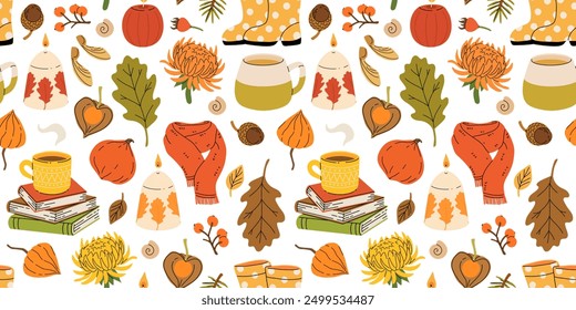 Cute autumn elements, candles, tea cup, pumpkin, warm clothes. Hand drawn fall season seamless pattern, acorns with leaves, mushrooms and berries, cozy doodle sticker vector background