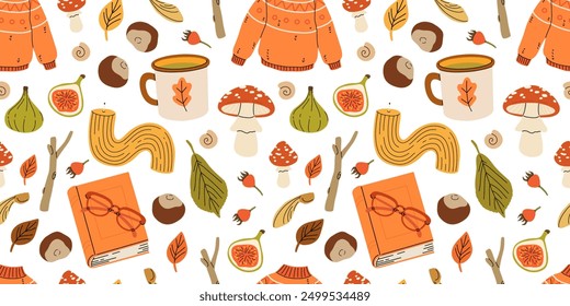 Cute autumn elements, candles, tea cup, pumpkin, warm clothes. Hand drawn fall season seamless pattern, acorns with leaves, mushrooms and berries, cozy doodle sticker vector background