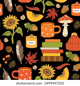 Cute autumn elements, candles, tea cup, pumpkin, warm clothes. Hand drawn fall season seamless pattern, acorns with leaves, mushrooms and berries, cozy doodle sticker vector background