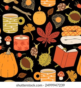 Cute autumn elements, candles, tea cup, pumpkin, warm clothes. Hand drawn fall season seamless pattern, acorns with leaves, mushrooms and berries, cozy doodle sticker vector background