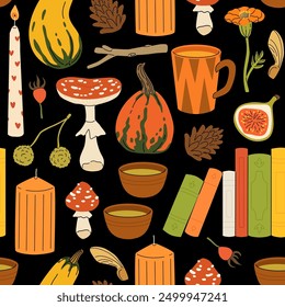Cute autumn elements, candles, tea cup, pumpkin, warm clothes. Hand drawn fall season seamless pattern, acorns with leaves, mushrooms and berries, cozy doodle sticker vector background