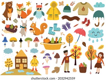 Cute autumn elements collection. Fall clothes, animals, leaves, mushrooms, kids and more. Autumn season clipart set. Vector illustration