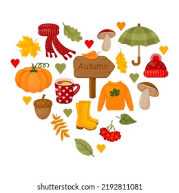 Cute autumn elements in form of heart. Leaves, pumpkin, acorn, sweater, scarf, cup of hot tea, mushrooms and other symbols of fall and autumn. Vector illustration. Cartoon style.