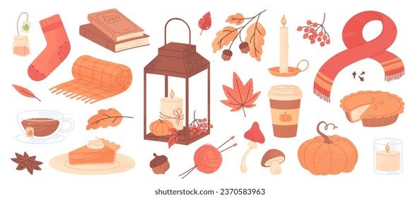 Cute autumn elements, lantern with candle and pumpkin, warm blanket and scarf. Hand drawn fall season design element, acorns with leaves, mushrooms and berries, hot tea, cozy doodle sticker vector set