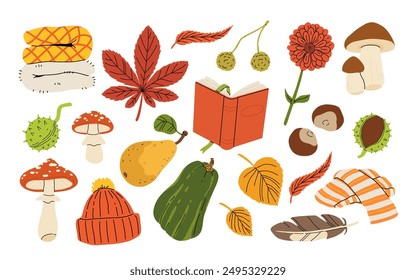 Cute autumn elements, pumpkin, warm clothes, blanket and scarf. Hand drawn fall season design element, acorns with leaves, mushrooms and berries, cozy doodle sticker vector set