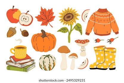 Cute autumn elements, pumpkin, warm clothes, blanket and scarf. Hand drawn fall season design element, acorns with leaves, mushrooms and berries, cozy doodle sticker vector set