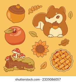 Cute autumn elements,fall leaf, acorn, squirrel,apple pie, mushroom